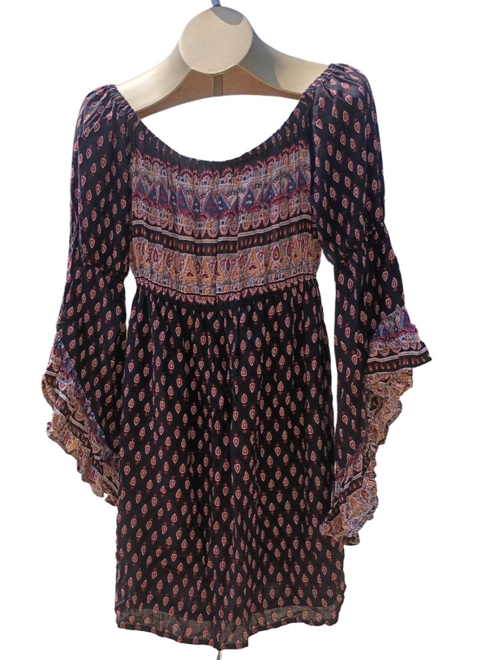 Entro Boho Floral Patchwork Bell Sleeve Mini Dress | Size M - Picture 2 of 5